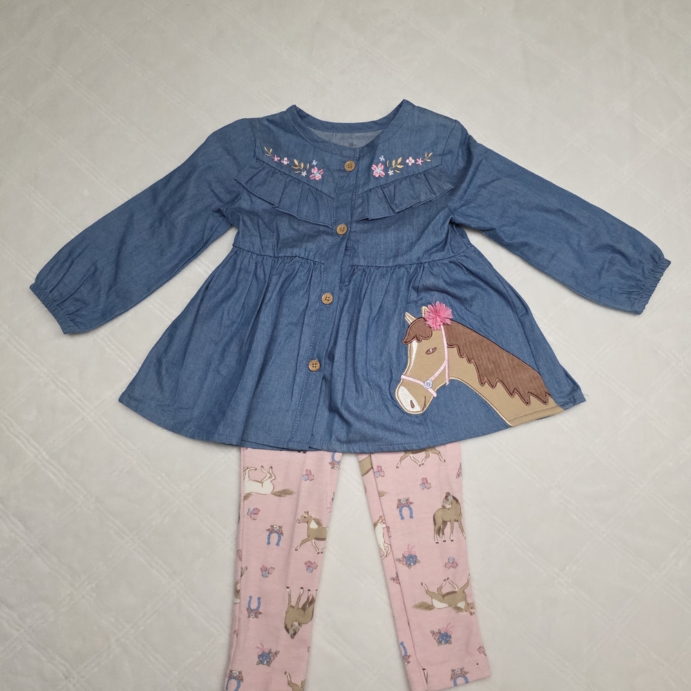 Baby Starters Blue Denim-Look Tunic with Pink Floral Embroidery - 18 Months